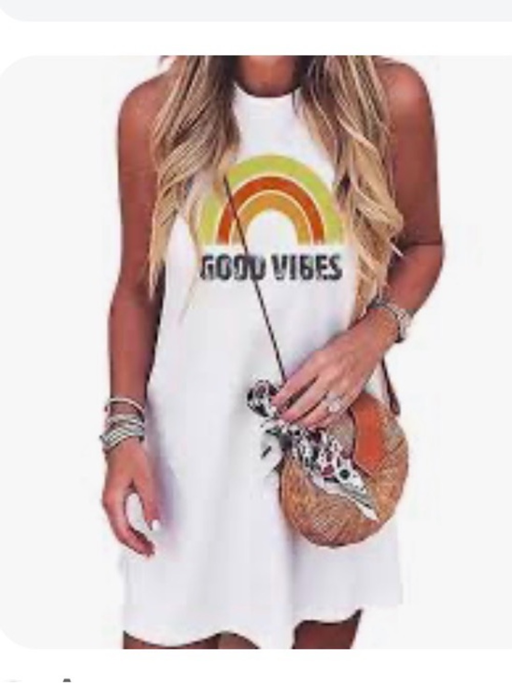 Good Vibes White Tank Dress with Retro Rainbow Print